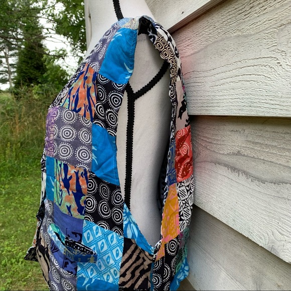 Vintage 80s Blue Handmade Abstract Patchwork Print Sleeveless Button Down Vest - Picture 15 of 16